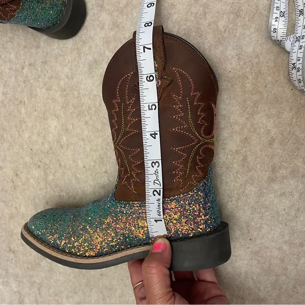 Shyanne Glitter Blue Teal Brown Square Toe Western Cowgirl Boots Girls Size 12
